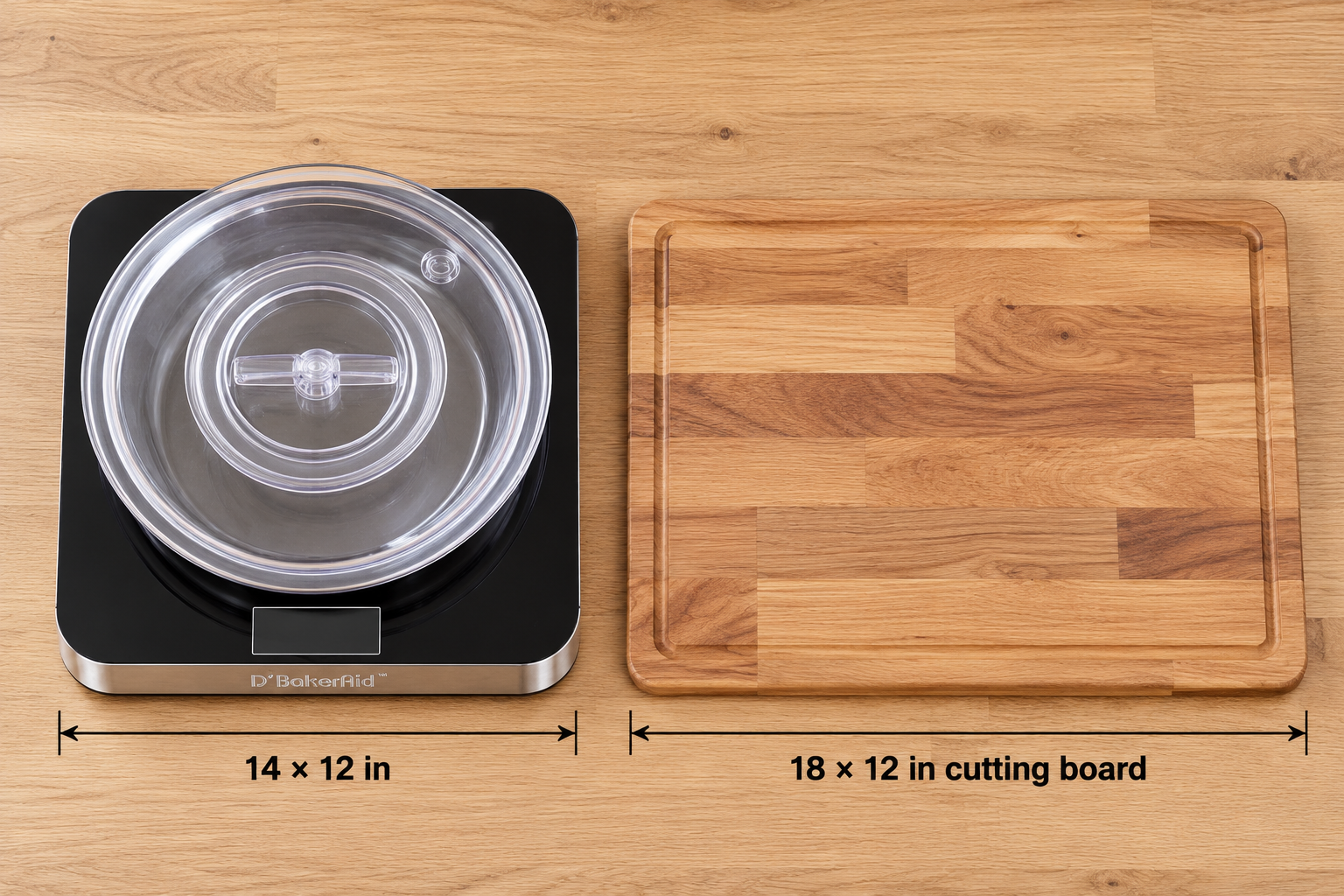 Concept bird's-eye view of a 14 by 12 inch D'BakerAid beside an 18 by 12 inch cutting board