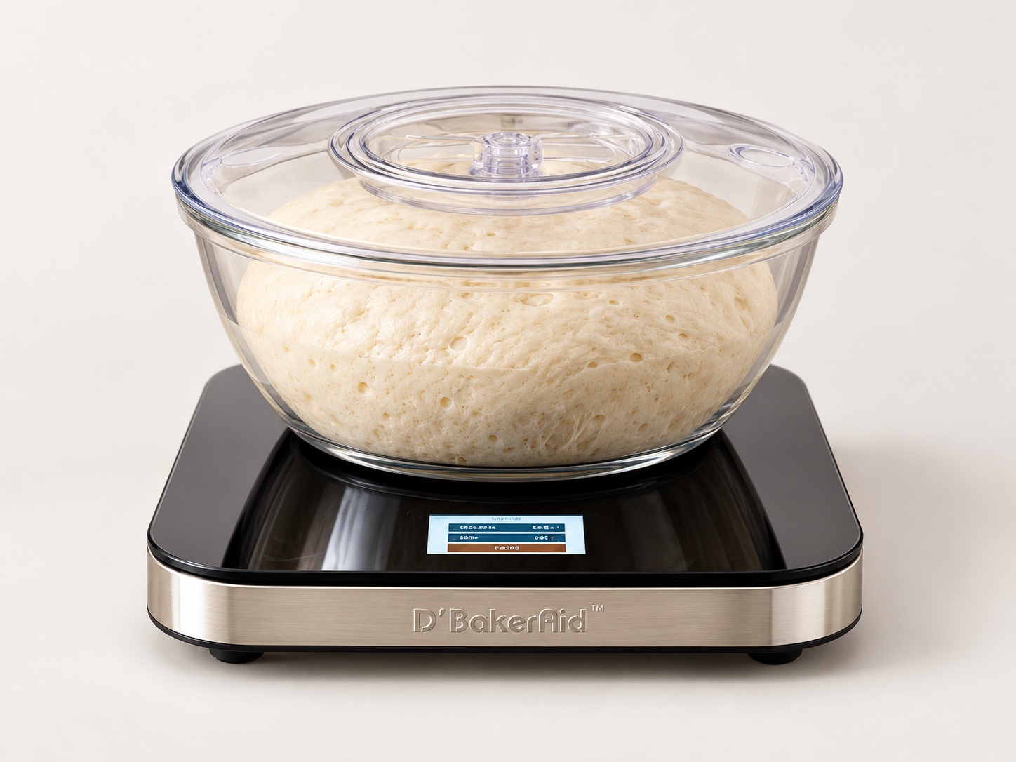 Approved hero image of the black D'BakerAid hub with its screen on and a clear bowl of risen dough
