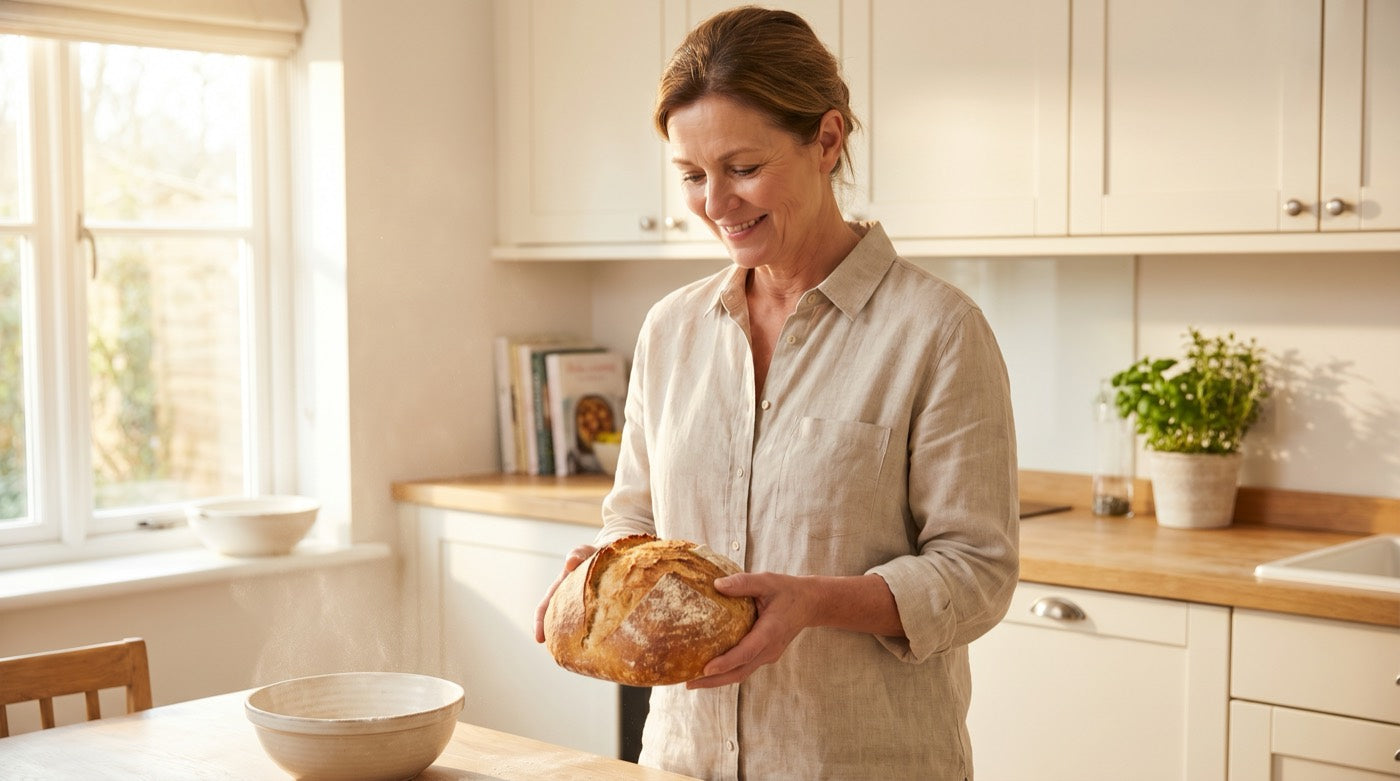 Home baker holding a fresh loaf