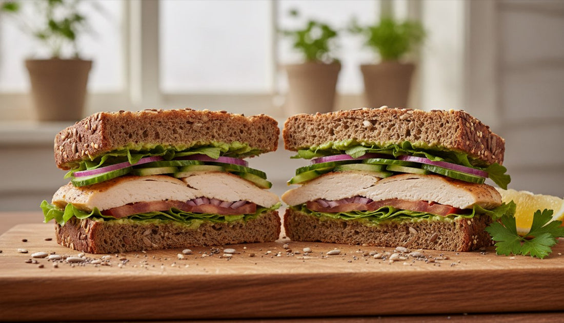 High-protein bread sandwich sliced in half