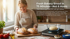 Baker holding two fresh loaves beside the D'BakerAid proofer — fresh bakery bread in about 75 minutes