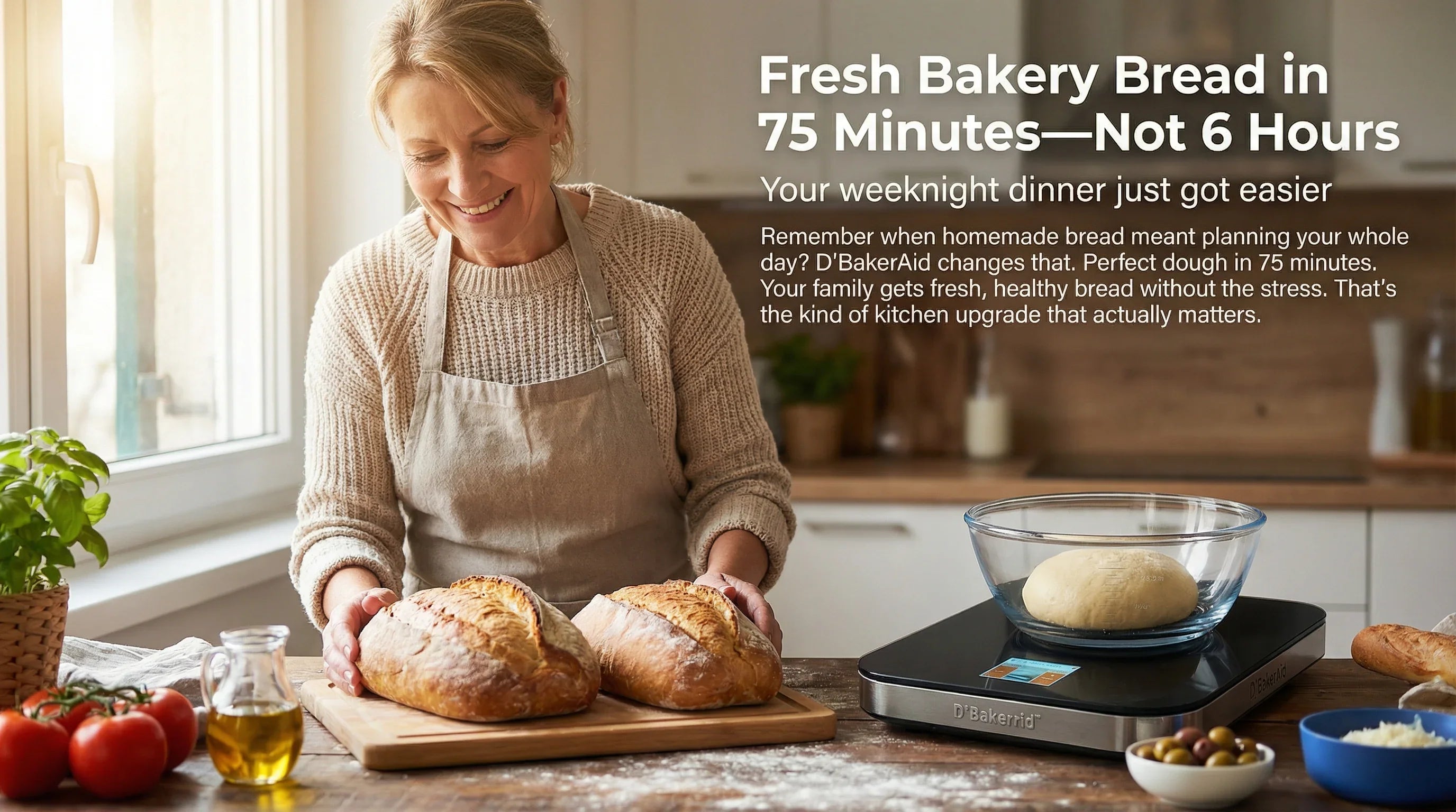 Baker holding two fresh loaves beside the D'BakerAid proofer — fresh bakery bread in about 75 minutes