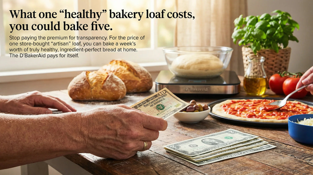 Fresh bread, pizza, and the D'BakerAid proofer on a kitchen table — bake several loaves for the price of one bakery loaf