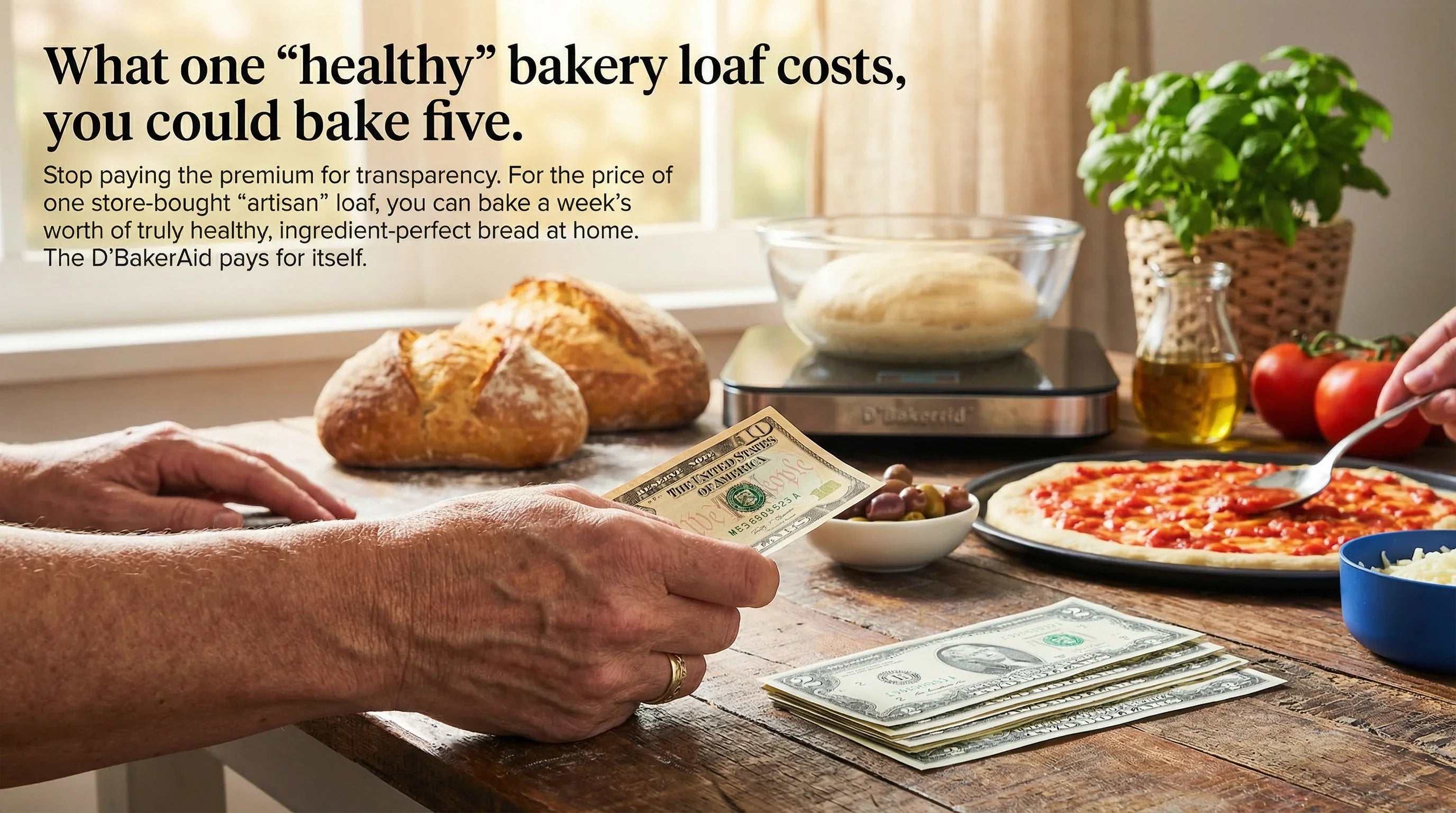 Fresh bread, pizza, and the D'BakerAid proofer on a kitchen table — bake several loaves for the price of one bakery loaf