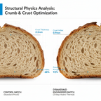 Crumb comparison: standard-proof loaf at 2.1mm crust and 68 percent porosity versus D'BakerAid loaf at 0.9mm and 92 percent
